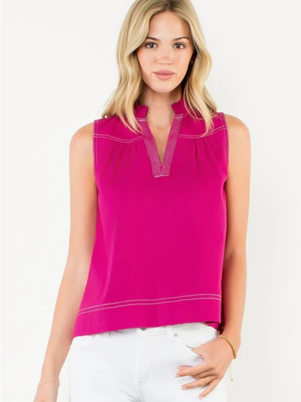 Sleeveless V-Neck Top—Fuschia